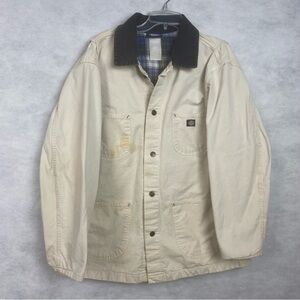 Vintage Dickies Men XL White Chore Coat Plaid Lined Corduroy Collar Jacket Flaw